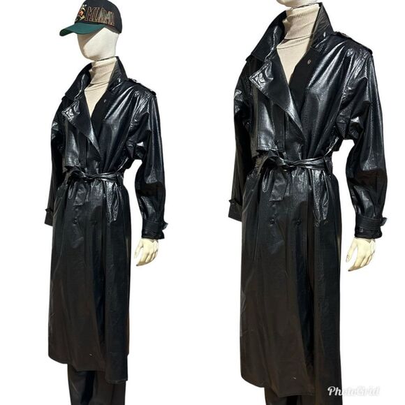 Wippette Ken Sporn Vintage Vinyl Croc Embossed Print Double Breasted Trench Coat - Picture 1 of 13